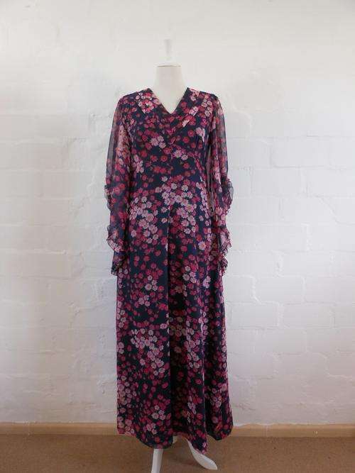 VINTAGE FLORAL PRINT PINK NAVY MAXI EVENING LONG DRESS WITH ANGEL SLEEVES - SIZE 10