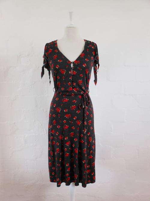 *MARION & LINDIE CLASSIC* DESIGNER FLORAL PRINT BLACK RED TIE WAIST DRESS - SIZE 8