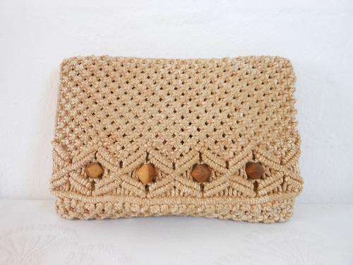 VINTAGE RAFFIA BEADED BROWN CLUTCH BAG PURSE