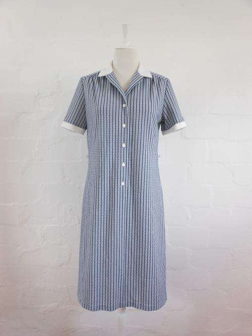 VINTAGE NAVY WHITE STRIPED BUTTON DOWN DAY DRESS - SIZE 12