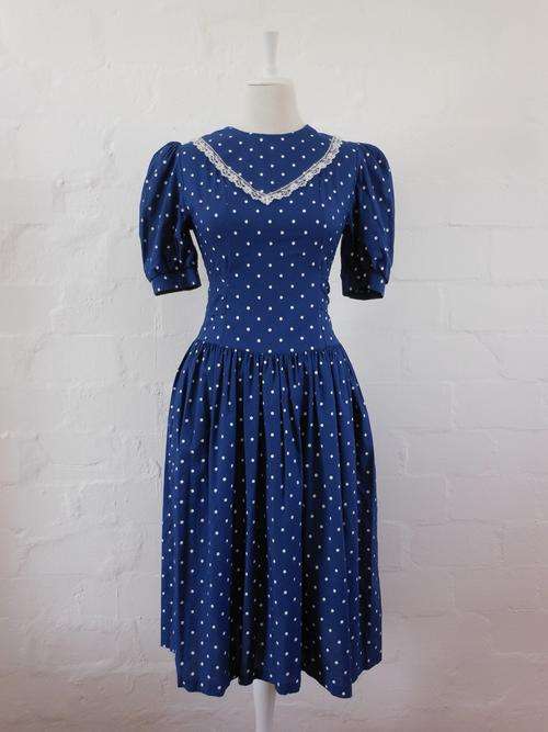 VINTAGE POLKA DOT BLUE WHITE TIE WAIST DRESS - SIZE 8