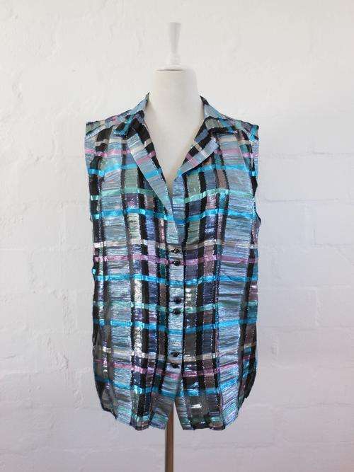 VINTAGE SHIMMERY SHEER CHECK BLUE SLEEVELESS TOP BLOUSE SHIRT - SIZE 16