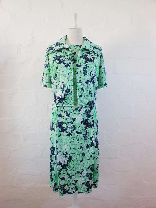 VINTAGE TWO PIECE GREEN NAVY FLORAL PRINT DRESS TOP SUIT - SIZE 14