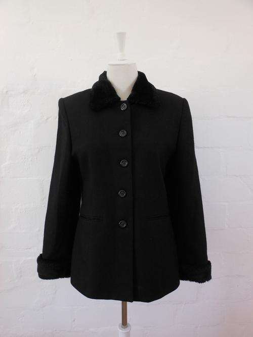 VINTAGE PURE NEW WOOL BLACK FAUX FUR TRIM JACKET COAT - SIZE 12