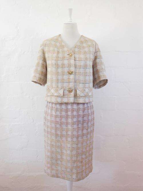 100% RAW SILK VINTAGE CHECK BROWN TWO PIECE SKIRT JACKET SUIT - SIZE 12