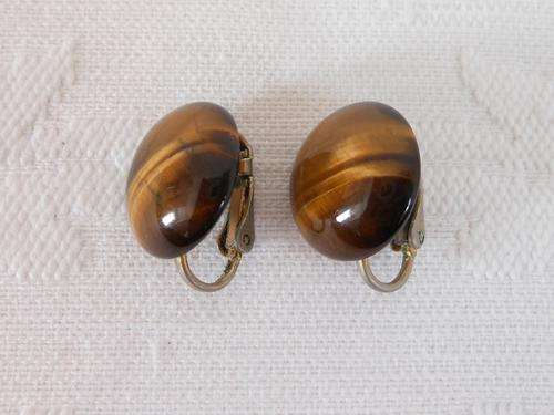VINTAGE REAL TIGER'S EYE GEM STONE CLIP-ON EARRINGS