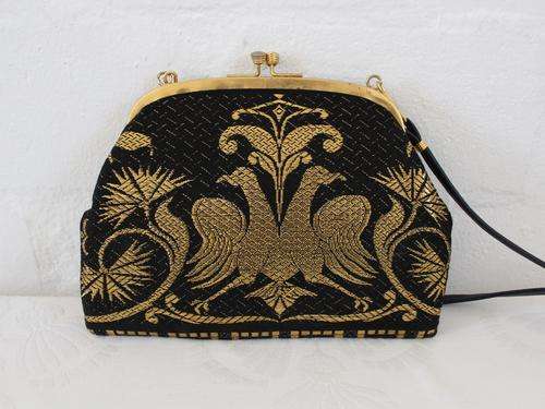 VINTAGE BLACK GOLD BIRD MOTIF EVENING BAG HANDBAG