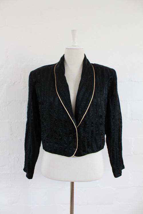 VINTAGE STRIPED BLACK GOLD TRIM CROPPED JACKET - SIZE 14