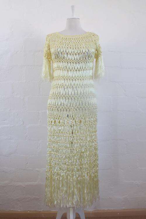 VINTAGE CROCHET KNIT YELLOW FRINGED DRESS - SIZE 10