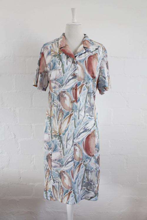 VINTAGE FLORAL PRINT WHITE BROWN DAY DRESS - SIZE 18