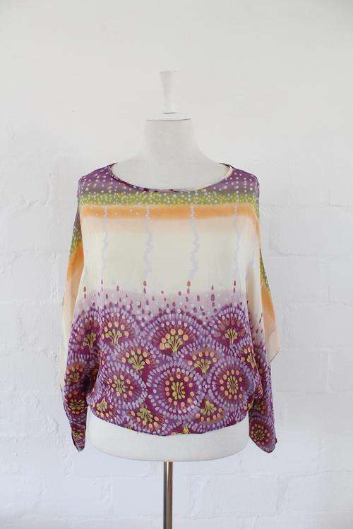 100% SILK PRINTED PURPLE CREAM KIMONO KAFTAN STYLE TOP - SIZE M
