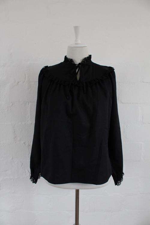 VINTAGE BLACK LACE TRIM LONG SLEEVE TOP BLOUSE SHIRT - SIZE 10