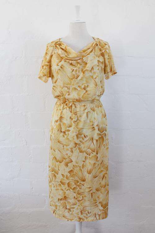 VINTAGE FLORAL PRINT BROWN COWL NECK DAY DRESS - SIZE 14