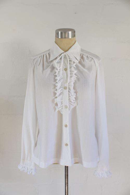 VINTAGE KENLEY WHITE RUFFLED LONG SLEEVE SHIRT TOP BLOUSE - SIZE 14