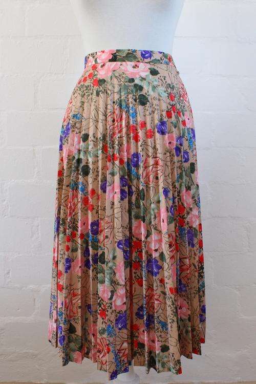 VINTAGE FLORAL PLEATED BLUE PINK HIGH WAIST SKIRT - SIZE 10