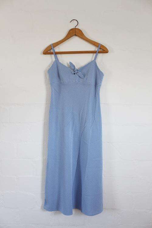 VINTAGE STYLE GINGHAM CHECK BLUE WHITE DAY DRESS - SIZE 8