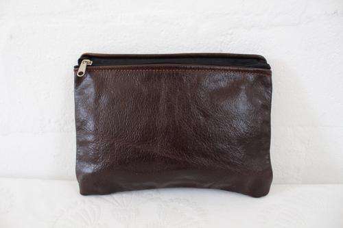 GENUINE LEATHER DARK BROWN ZIP CLUTCH BAG PURSE