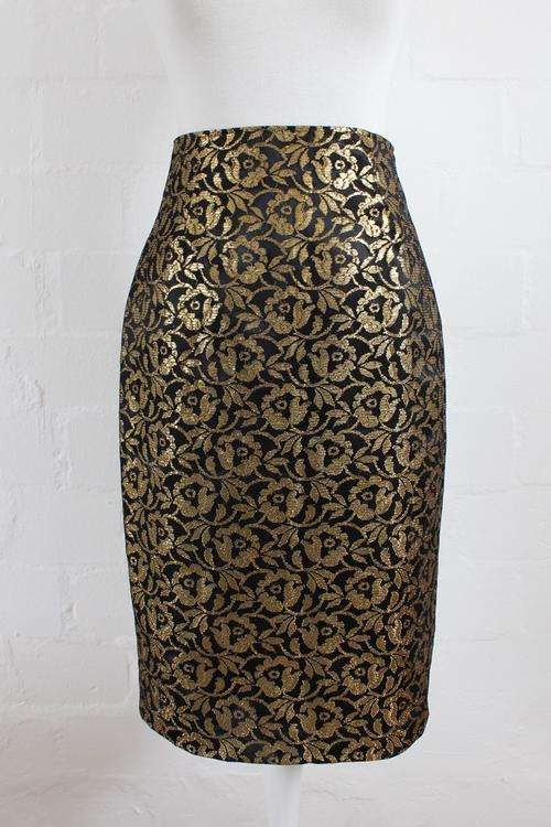 VINTAGE GOLD BLACK FLORAL BAROQUE PENCIL SKIRT - SIZE 10