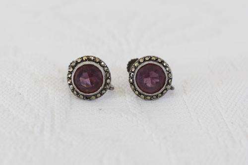 *STERLING SILVER* AMETHYST MARCASITE STONE VINTAGE SCREW BACK EARRINGS