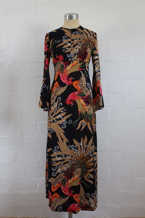 VINTAGE PHOENIX PRINT BLACK MAXI COCKTAIL DRESS - SIZE 8