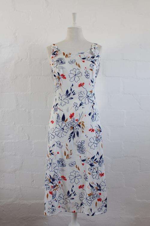 VINTAGE FLORAL WHITE BLUE PRINTED DAY DRESS - SIZE 12