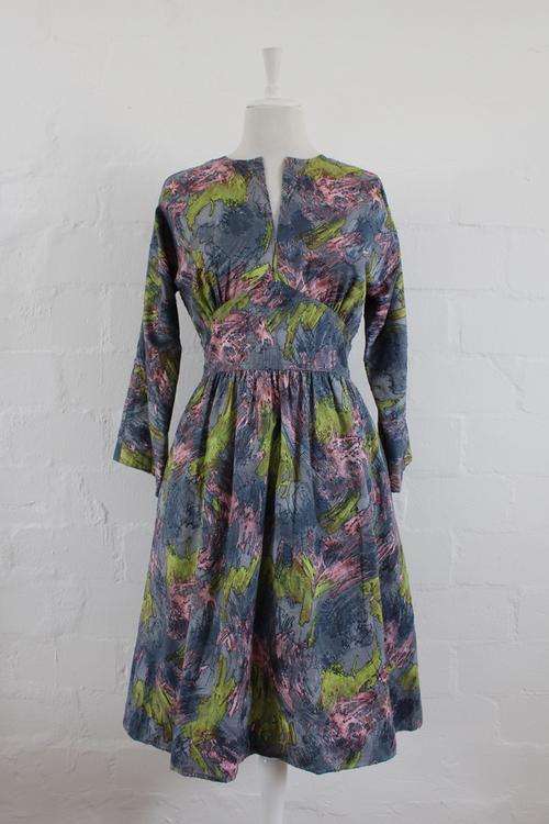 VINTAGE GREY PRINTED COCKTAIL DRESS - SIZE 12