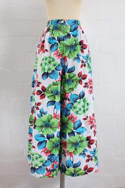VINTAGE WIDE LEG FLORAL PRINT GREEN WHITE TROUSERS PANTS - SIZE 8