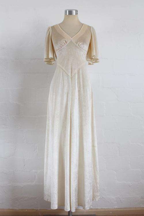 VINTAGE CREAM VELVET EVENING COCKTAIL MAXI DRESS - SIZE 8