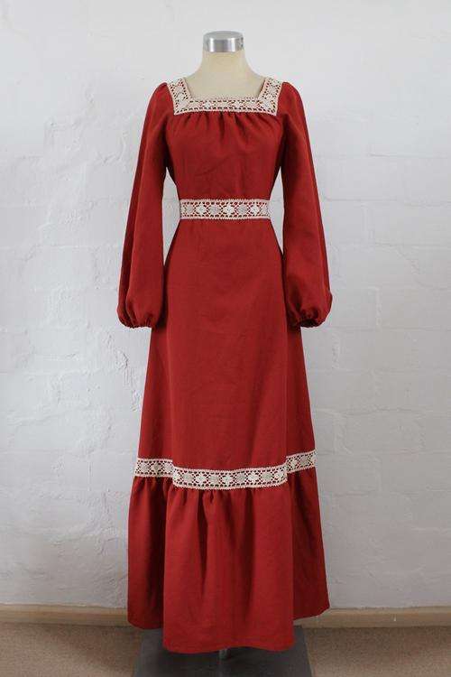 VINTAGE CROCHET RIBBON TRIM BROWN MAXI LONG SLEEVE DRESS - SIZE 8