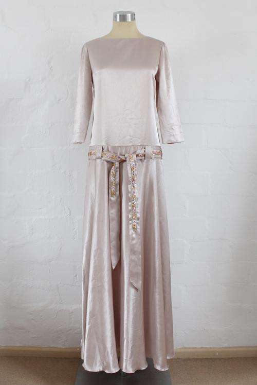 VINTAGE BLUSH SATIN DROP WAIST SEQUIN BELT FORMAL EVENING DRESS - SIZE 10