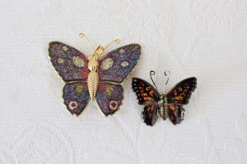 LOT OF 2 VINTAGE BUTTERFLY GLITTER ENAMEL BROOCHES PINS