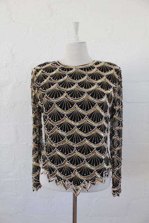 VINTAGE 100% SILK GOLD BLACK BEADED SEQUINED LONG SLEEVE TOP BLOUSE - SIZE LARGE