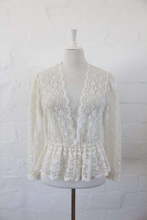 VINTAGE CREAM FLORAL LACE LONG SLEEVE PEPLUM TOP BLOUSE - SIZE 14