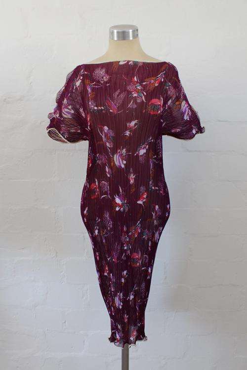 VINTAGE PASCUAL DESIGNER PURPLE FLORAL PRINT PLEATED DRESS - SIZE LARGE