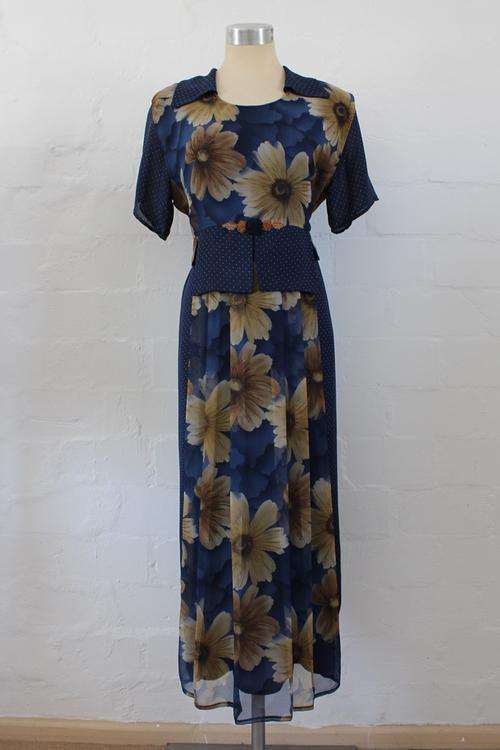 VINTAGE FLORAL PRINT NAVY BLUE PLEATED MAXI DAY DRESS - SIZE 14