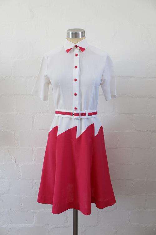 VINTAGE PINK WHITE HIGH COLLAR BELTED DAY DRESS - SIZE 6