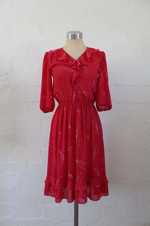 VINTAGE DARK PINK WHITE PRINTED RUFFLE DRESS - SIZE 8