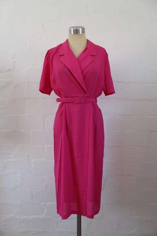 VINTAGE HOT PINK CROSS-OVER BELTED DAY DRESS - SIZE 8