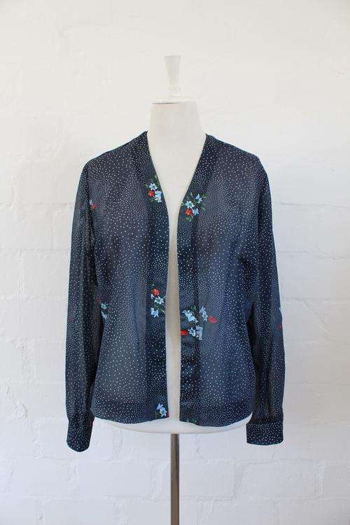 VINTAGE NAVY BLUE POLKA DOT FLORAL PRINT BLOUSE SHIRT TOP - SIZE XL