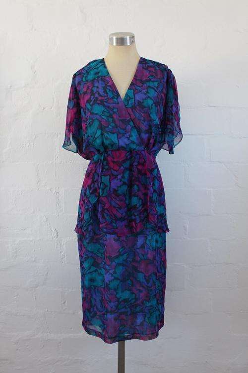 VINTAGE PURPLE BLUE PRINTED COCKTAIL DRESS - SIZE 12