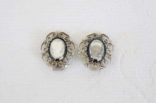 VINTAGE CAMEO SILVER PLATED FILIGREE CLIP-ON EARRINGS