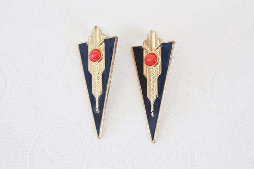 VINTAGE BLUE RED ENAMELED ART DECO STYLE GOLD PLATED EARRINGS