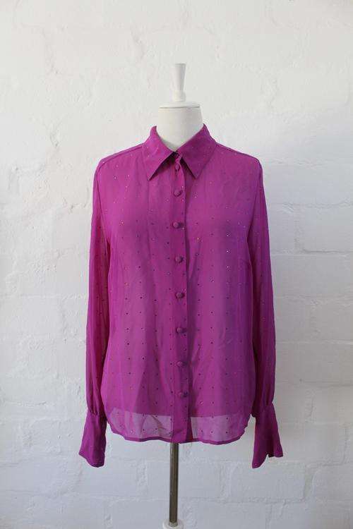*RENA LANGE* DESIGNER PURPLE SILK RHINESTONE SHIRT TOP BLOUSE - SIZE 14
