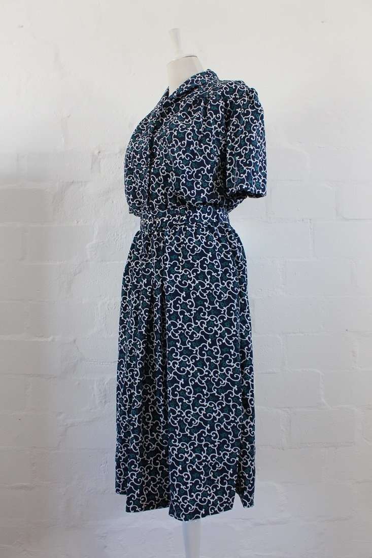 VINTAGE NAVY BLUE WHITE PRINTED BELTED DAY DRESS - SIZE 14