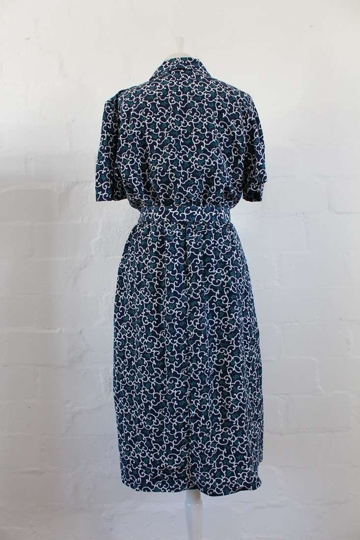 VINTAGE NAVY BLUE WHITE PRINTED BELTED DAY DRESS - SIZE 14