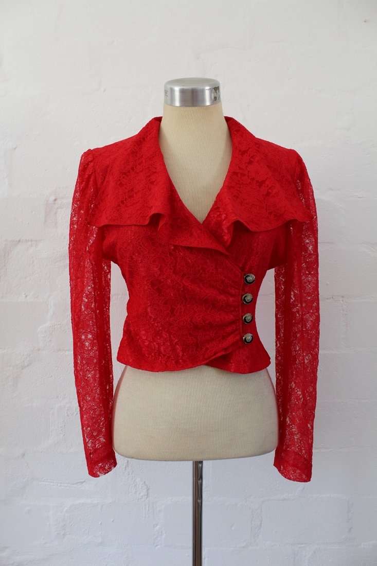 VINTAGE RED LACE SHEER SLEEVES CROPPED TOP - SIZE 8