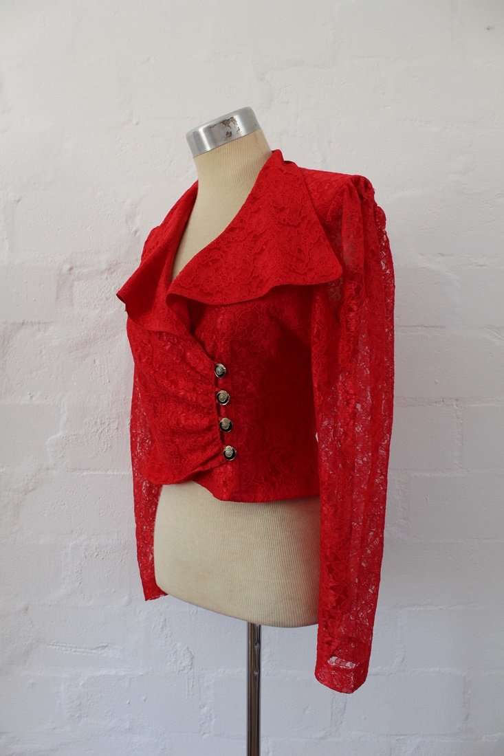 VINTAGE RED LACE SHEER SLEEVES CROPPED TOP - SIZE 8