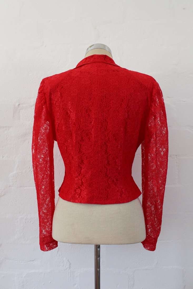 VINTAGE RED LACE SHEER SLEEVES CROPPED TOP - SIZE 8