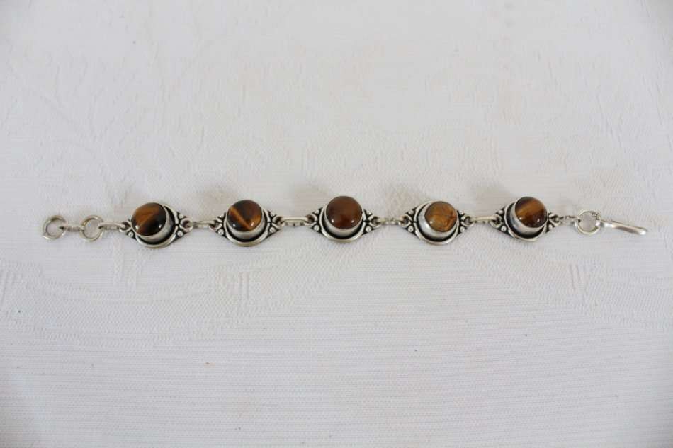 GENUINE TIGERS EYE GEM STONE VINTAGE SILVER PLATED BRACELET BANGLE