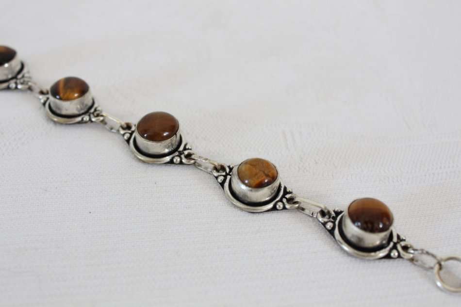 GENUINE TIGERS EYE GEM STONE VINTAGE SILVER PLATED BRACELET BANGLE